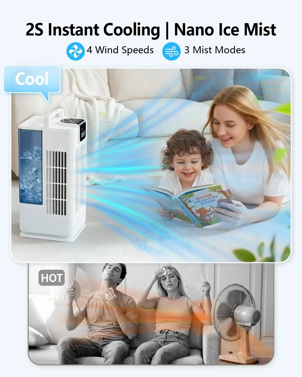Mini condizionatore portatile: ventilatore raffreddamento ad acqua, serbatoio 2000ml, oscillazione 120°, 4 velocità, LED, timer + telecomando, senza tubo di scarico per casa/ufficio