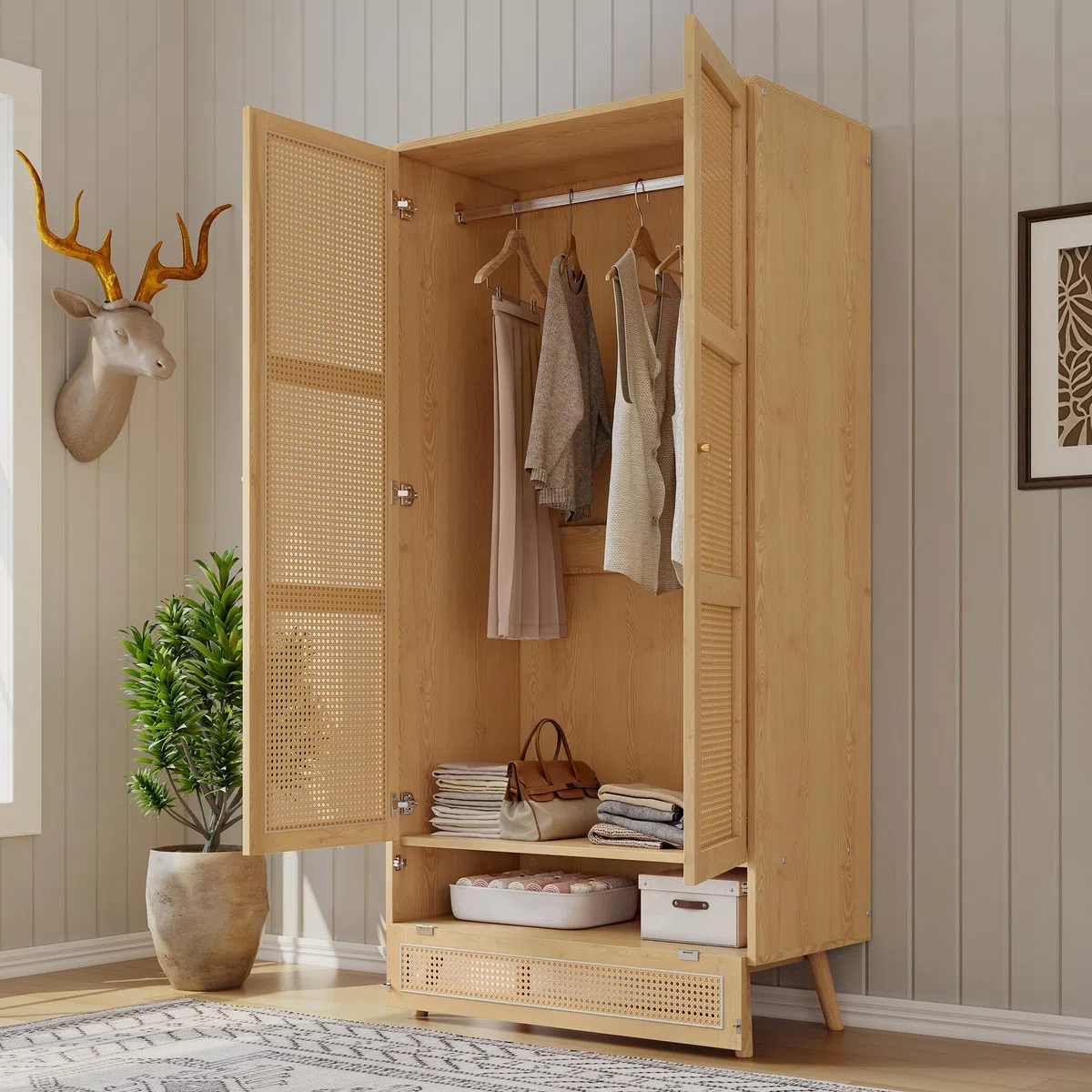 Armadio con asta, armadio a 2 ante, camera da letto, rete in rattan, soggiorno, con coperchio inferiore a ribalta, truciolato+rattan PE, naturale