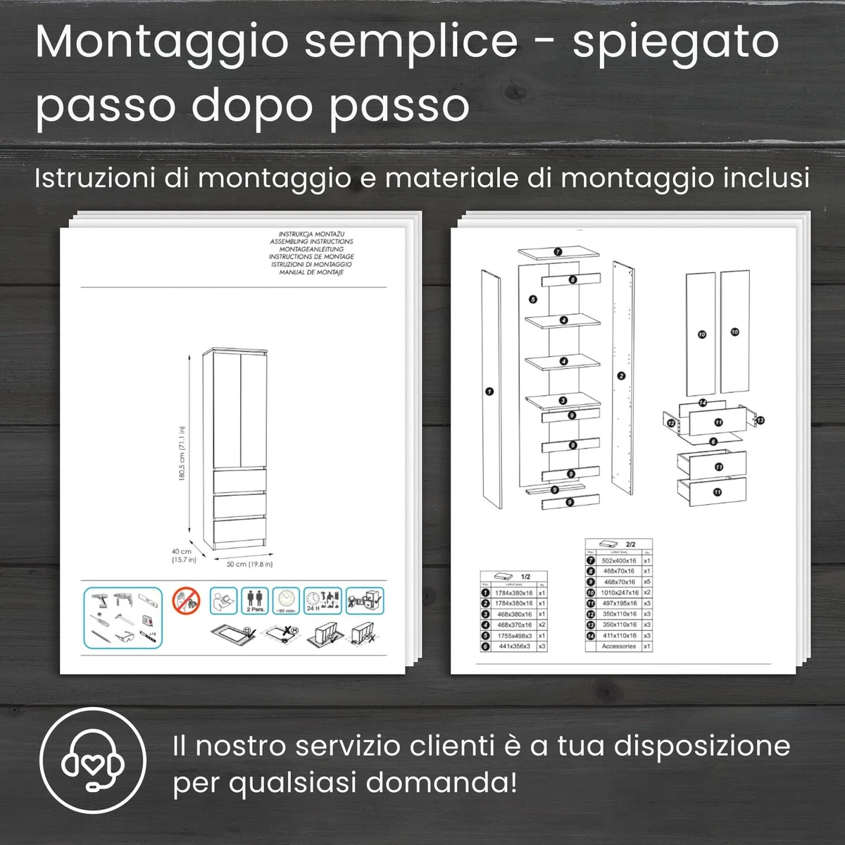 Home Collective Armadio multiuso a 2 ante con 3 ripiani e 3 cassetti | Armadio per camera da letto, ingresso o ufficio | 50x40x180 cm (LxPxA) | Antracite/Rovere