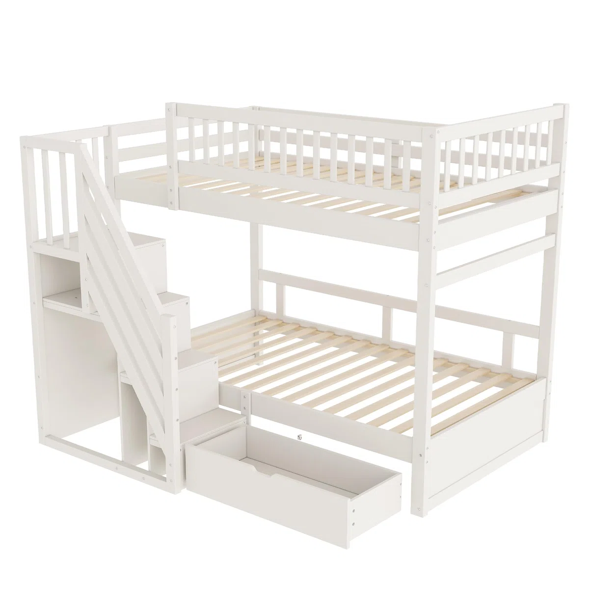 Letto a castello 90x200, letto per bambini con scala e armadio, letto a soppalco con cassetti, rete a doghe in legno, bianco, senza materasso