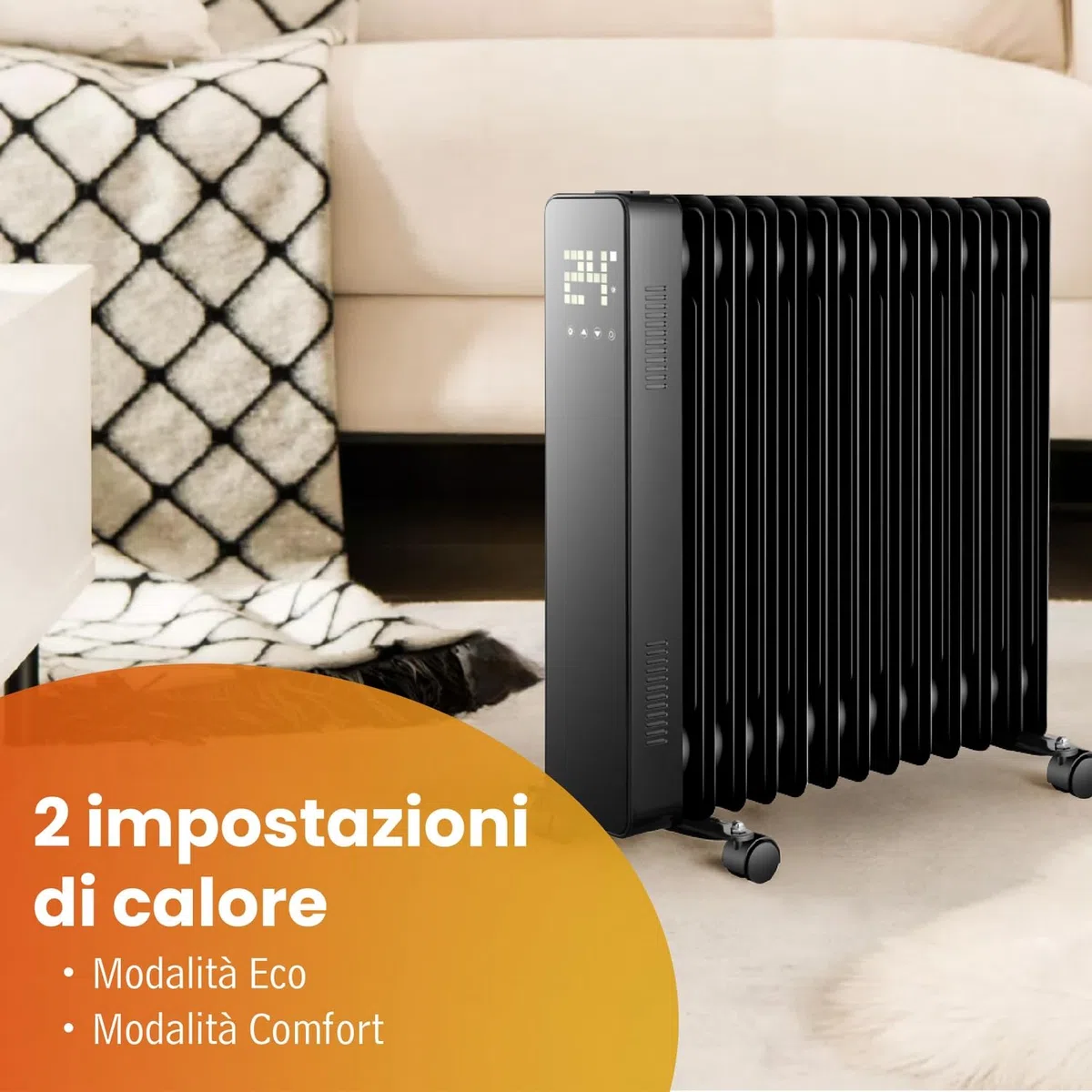 White - Radiatore Elettrico Ad Olio 13 Elementi. Stufa Elettrica A 240v. Telecomando Incluso, Funzione Touch. Display Led Luminoso. Calorifero Elettrico Con Ruote
