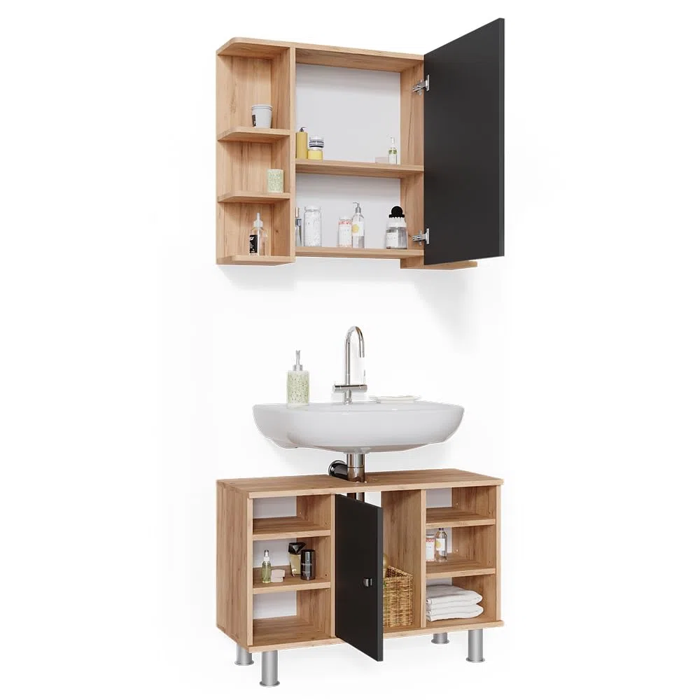 Vicco Set mobili bagno Fynn, Rovere dorato, 60 cm, composto da specchio da bagno e mobile sottolavabo
