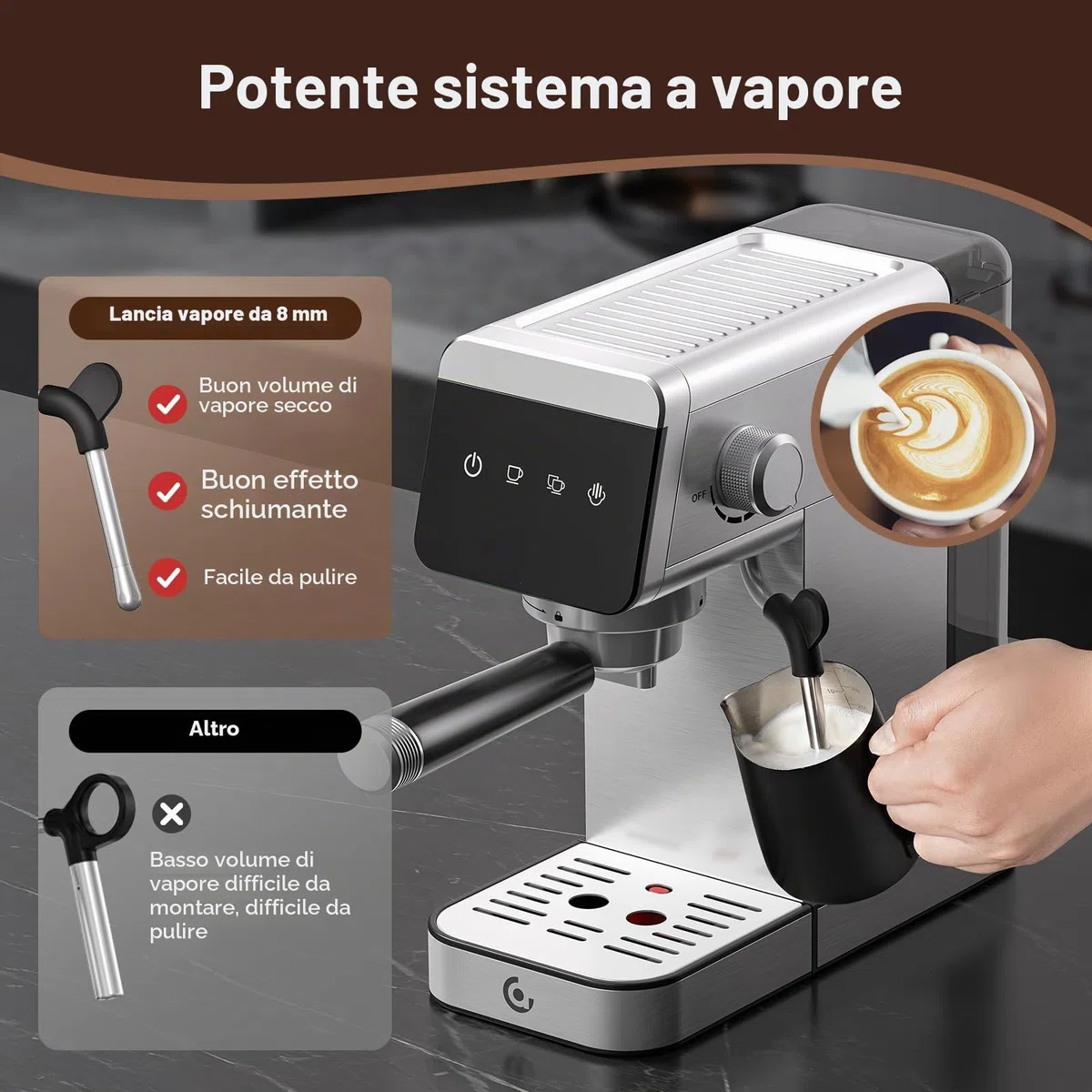 AMZCHEF Macchina per caffè espresso 20 bar con indicatore LED Home 2 in 1 con serbatoio rimovibile da 1,2 l, per regali domestici, compatta in acciaio inox, 1350 W