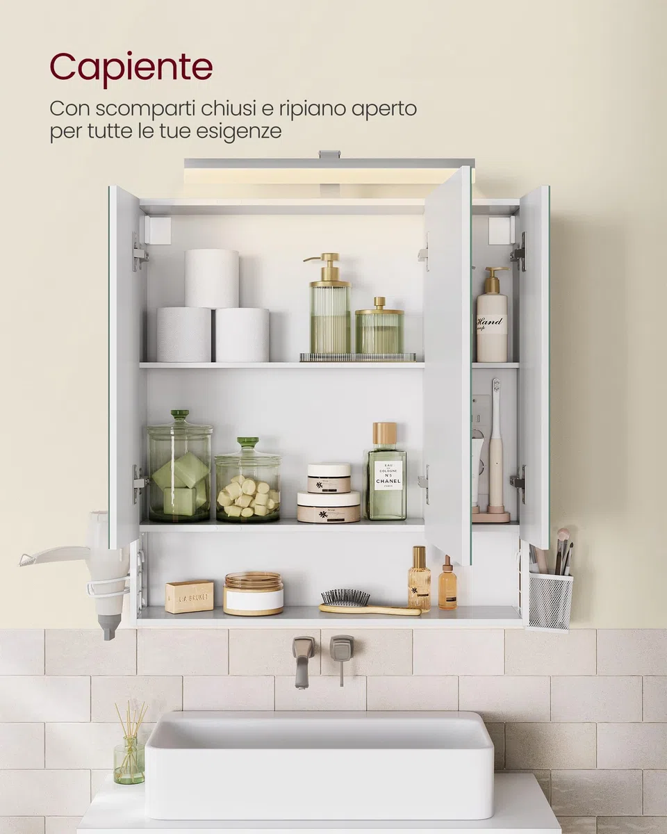 VASAGLE Mobile da Bagno con Illuminazione LED, 16,5 x 70 x 75 cm, Cestino Sospeso, Supporto per Asciugacapelli, per Lavabo, Bianco Nuvola BBK126W01