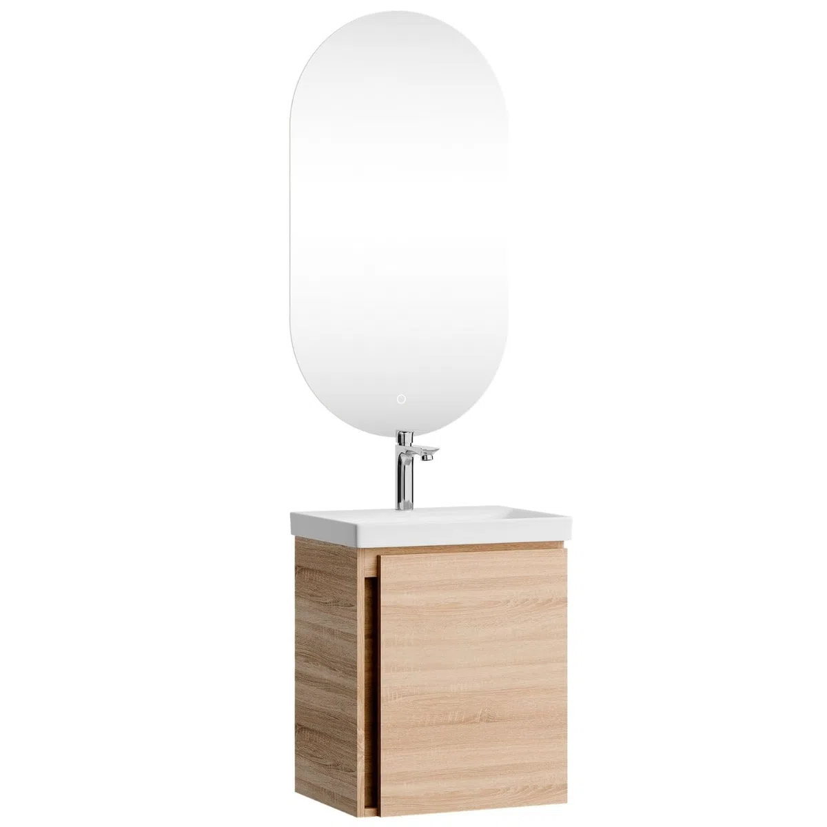 Planetmöbel Mobile sottolavabo 50 cm con specchio da bagno con illuminazione ovale, set di mobili da bagno con lavabo, sospeso, rovere Sonoma