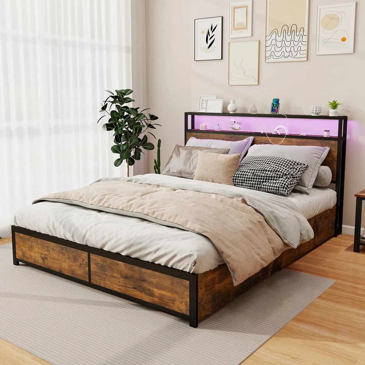 COSTWAY Letto Matrimoniale 160x200 cm, con 4 Cassetti e Testiera, Struttura Letto con Luci LED Regolabile e Presa Multipla, Carico Massimo 300kg, Silenzioso