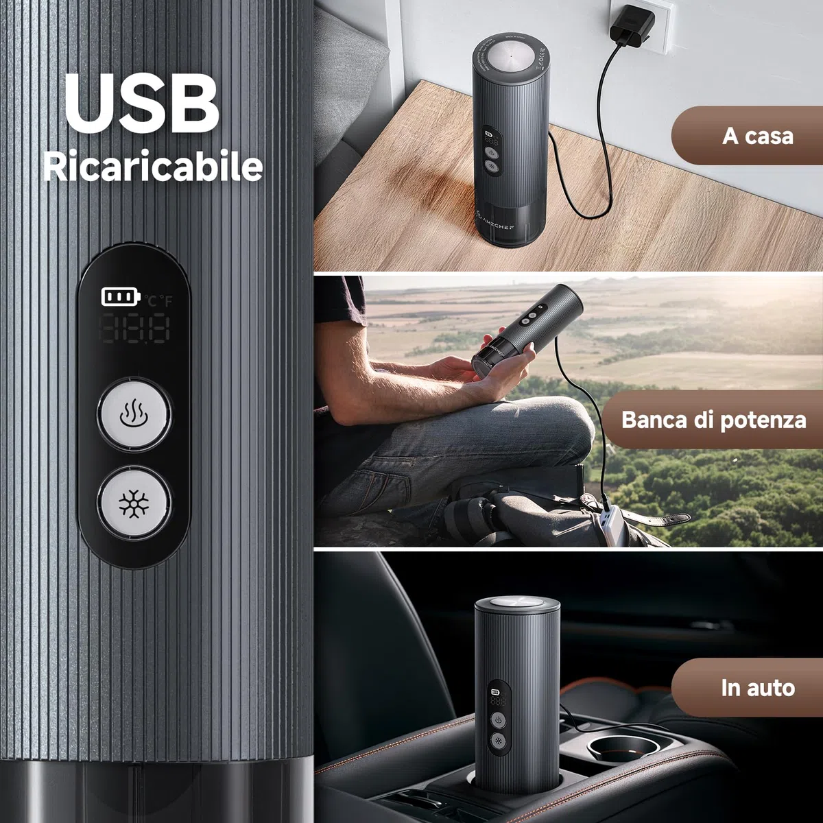 AMZCHEF Macchina Caffe Portatile 20 Bar – Ricaricabile USB-C, Compatibile con Capsule e Caffè Macinato – Macchina da caffè espresso elettrica portatile per Campeggio, Ufficio, Auto,Alluminio