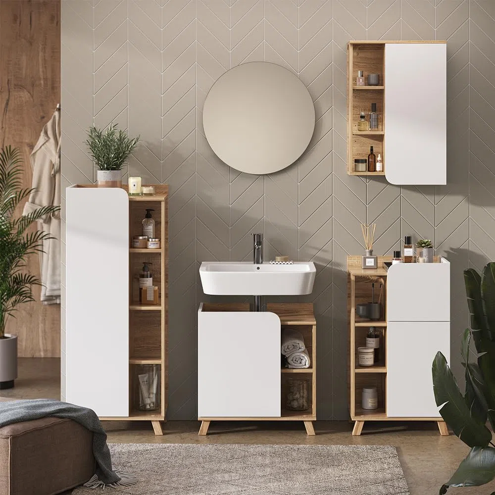 Vicco Set di mobili da bagno Karen, Sonoma/Bianco, 60 cm, composto da mobile lavabo, specchiera, armadietto, colonna e pensile