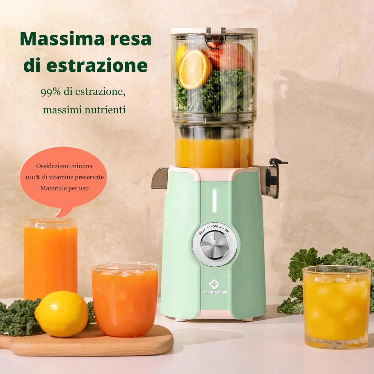 LINKChef Estrattore di succo per frutta e verdura, apertura 115 mm, 1,2 L, 200 W, slow juicer machine per frutta e verdura intere, senza BPA, facile da smontare e pulire, ricette incluse,verde chiaro