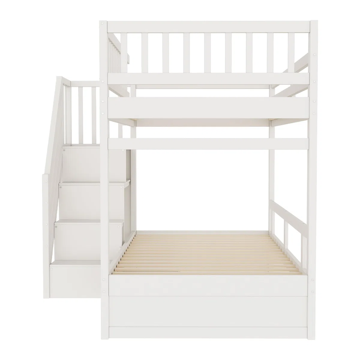 Letto a castello 90x200, letto per bambini con scala e armadio, letto a soppalco con cassetti, rete a doghe in legno, bianco, senza materasso