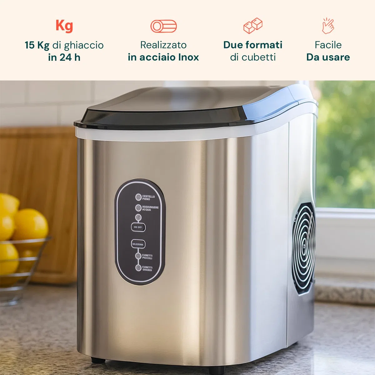 Wintem - Macchina Ghiaccio 15Kg/24h 105W in Acciaio Inox con Cubetti in 2 Misure per Bevande e Cocktail, Uso Domestico e Professionale, Rapida Produzione in 6 Minuti, Bassa Rumorosità