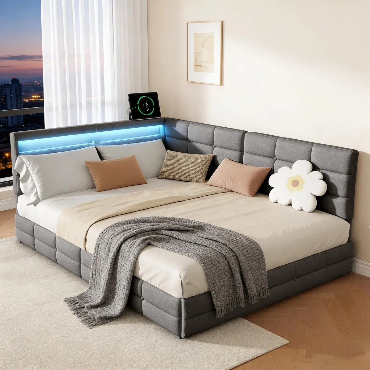 BRILVERDE Letto Contenitore 140x190 con Cassetti, Letto imbottito con luce LED/USB, Divano letto con Testiera contenitore, con Rete a Doghe, Lino(Grigio, 140 x 190 cm)