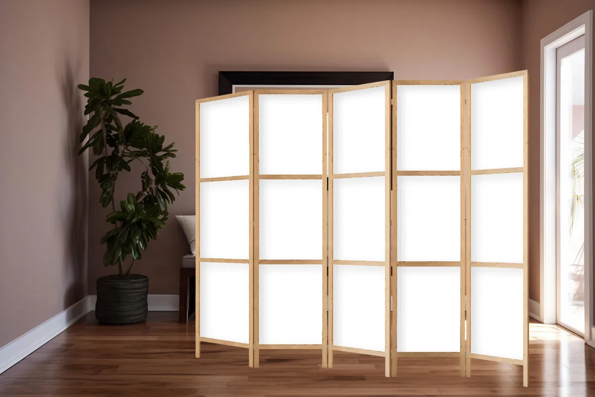 Paravento divisorio in legno 225x172 cm, 5 pezzi, unilaterale, in stile orientale