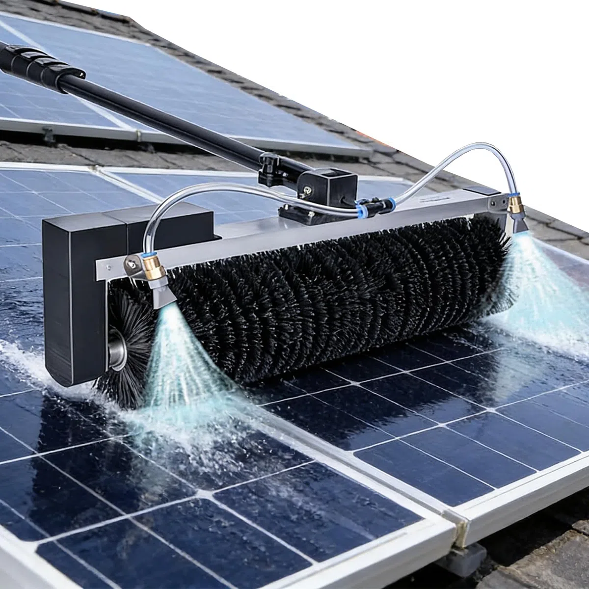 Pulitore Elettrico per Pannelli Solari con Testina a Spazzola 60cm e Palo ad Alimentazione Idrica | Per Pannelli Fotovoltaici e Pulizia Vetri | Uso Professionale e Domestico 7.5m/24ft