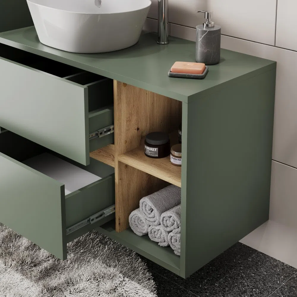 Vicco Set di mobili da bagno Viola, Verde/Artigianale, 100 cm, composto da mobile lavabo, pensile a specchio, colonna e base media
