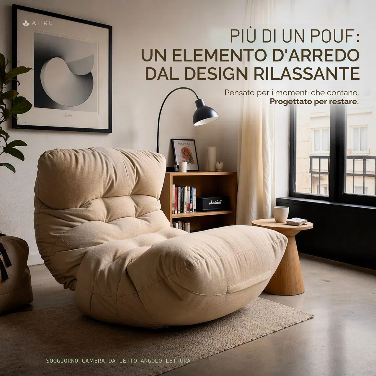 Aiire Pouf Poltrona Sacco di Design - Puff per Sedersi in Cotone con Imbottitura Inclusa - Bean Bag Chair per Salotto, Camera da Letto o Lettura - Pouffe Moderno Beige