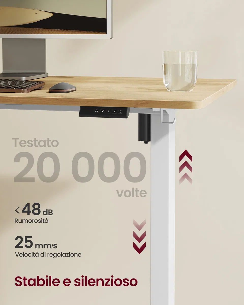 VASAGLE Scrivania Regolabile in Altezza Elettrica, Struttura per Scrivania, Supporto per Tavolo Senza Piano, con 2 Ganci, Funzione Memory con 3 Altezze, Acciaio, Bianco Opaco LSD021W01V2