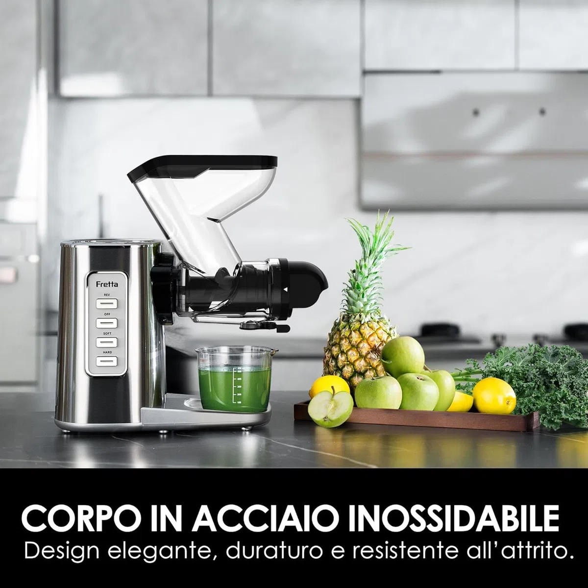 Fretta Professionale Estrattore di Succo a Freddo Lento, Acciaio Inossidabile per Frutta e Verdura, Motore DC Silenzioso, Alta Resa di Succo, Senza BPA, Facile da Pulire (sliver)