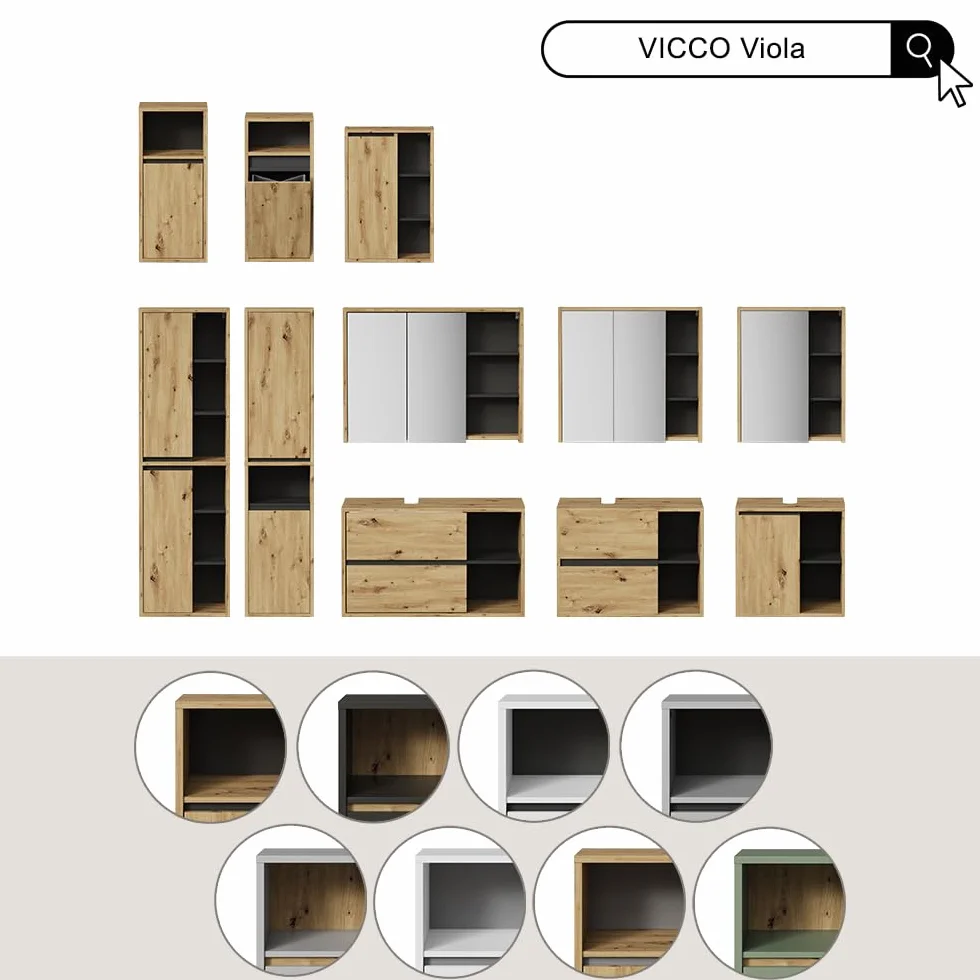 Vicco Set di mobili da bagno Viola, Verde/Artigianale, 100 cm, composto da mobile lavabo, pensile a specchio, colonna e base media