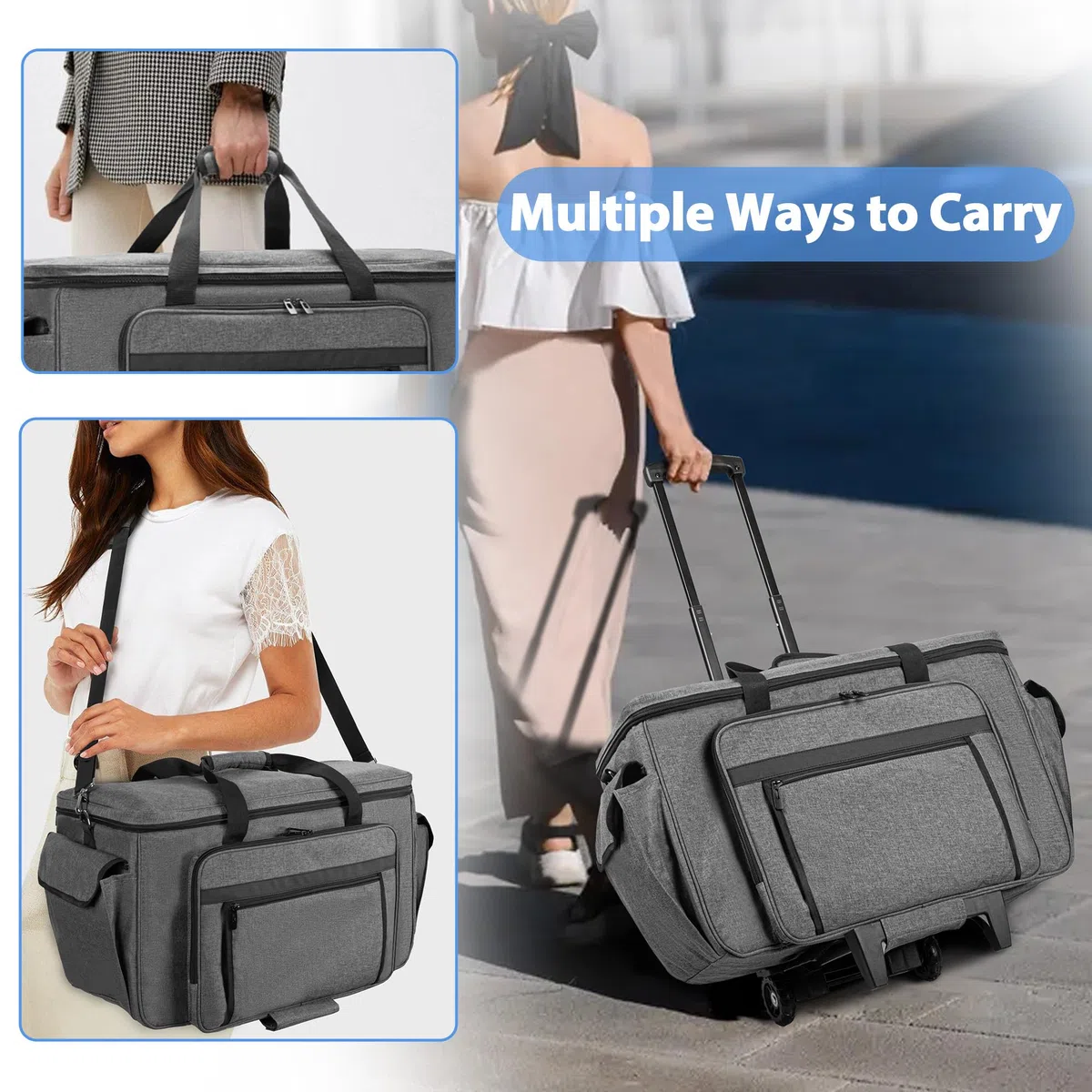 CURMIO Borsa da Trasporto per Macchine da Cucire per Ricamo con Ruote e Pannello di Supporto Inferiore, Adatto per i Corsi di Cucito, per la Conservazione in Casa, Grigio