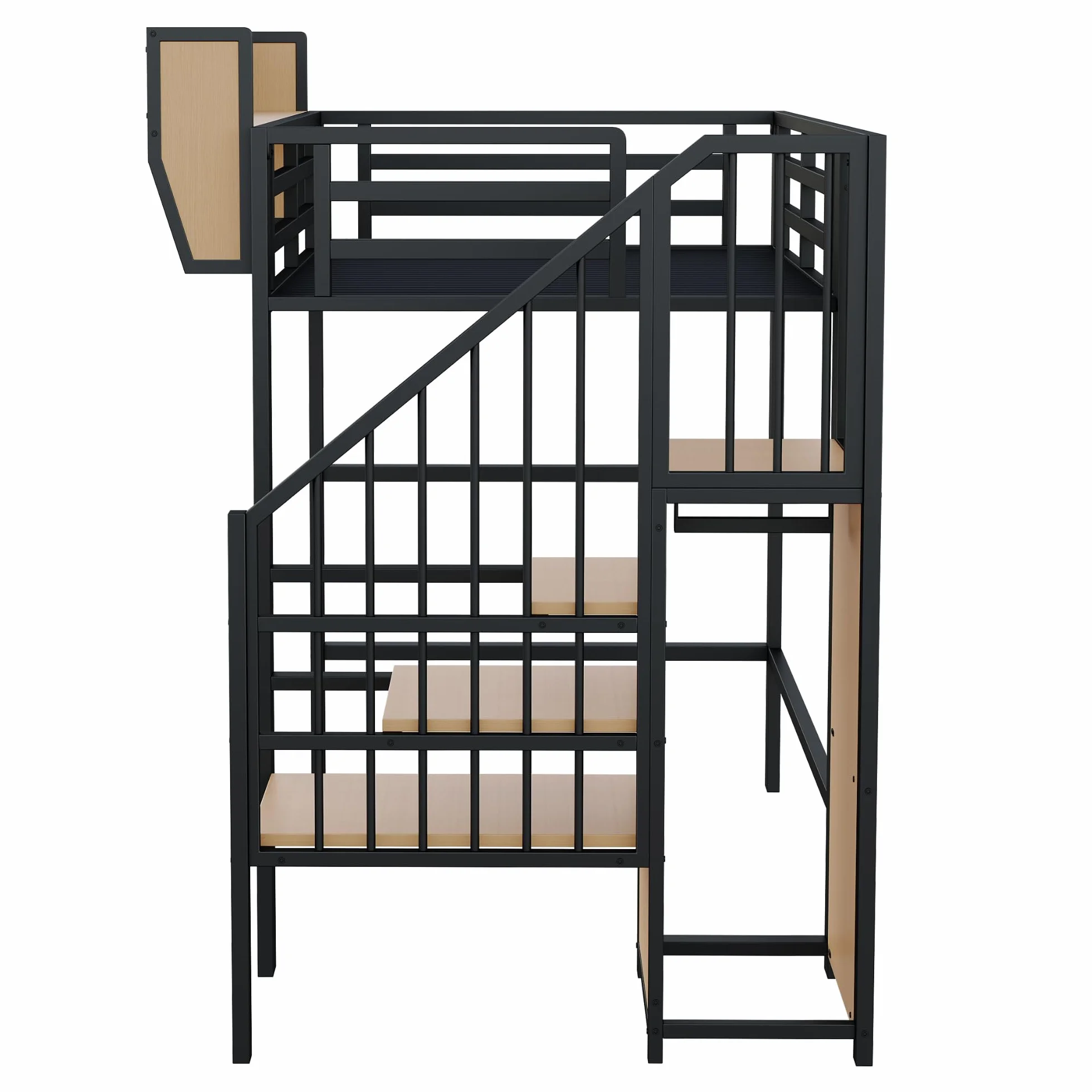 Moimhear Letto a soppalco, con scala di sicurezza e vano flessibile, letto in metallo per adulti e bambini (Nero, 90x200cm)