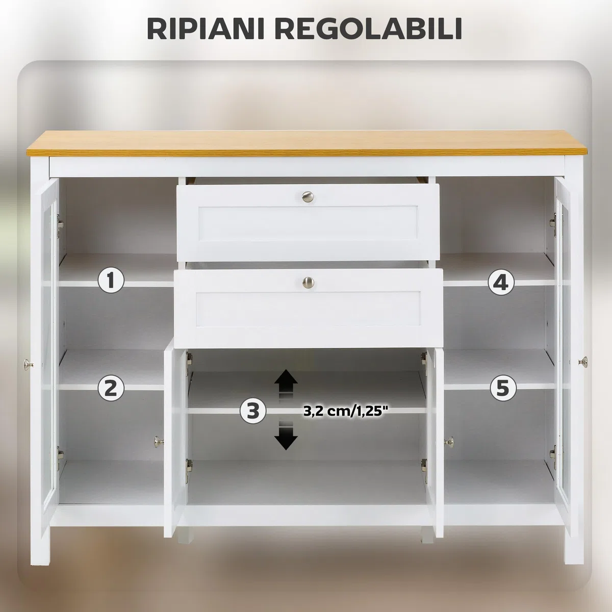 HOMCOM Credenza Cucina, Mobile Cucina con 2 Cassetti, 3 Armadietti, Piano d'Appoggio in Caucciù, Credenza Buffet con Ante a Vetro, Ripiani Regolabili, per Soggiorno Sala da Pranzo, 120x40x90cm, Bianco