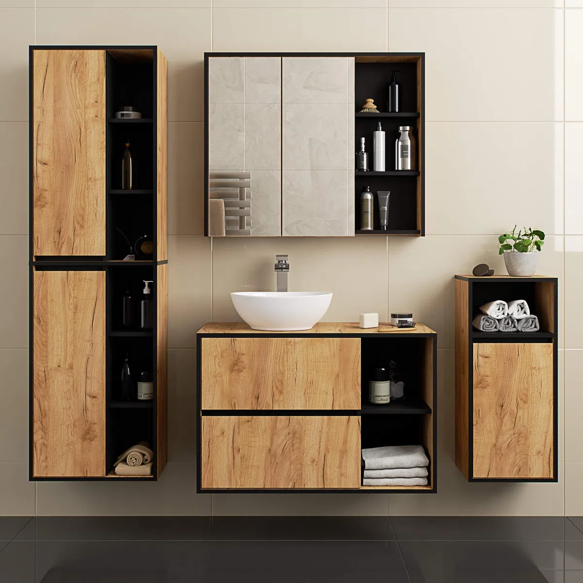 AKORD Mobile Bagno con Specchio VAMI 90 cm - Pensile Bagno Specchio Contenitore 2 Ante, 6 Ripiani - Spazioso - Robusti e Resistenti all'Umidità - 90x75x15 cm - Rovere Artigianale & Nero