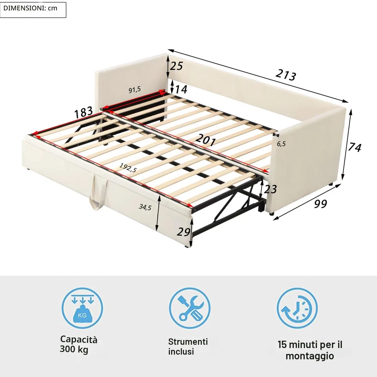 KeepGoon Divano Letto Estensibile 90/180x200 cm, Letto Singolo con Letto Estraibile, Struttura Salvaspazio con Rete a Doghe, Tessuto in Velluto Beige, Senza Materasso