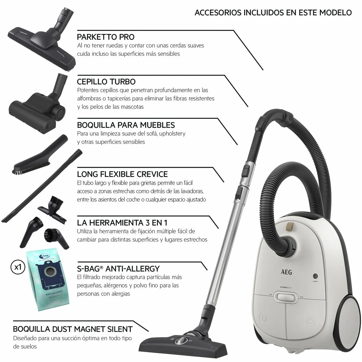 AEG AB61H6SW Aspirapolvere con sacchetto, elevata potenza di aspirazione su tutti i pavimenti, con ugelli aggiuntivi, 50% plastica riciclata, ideale per asmatici, persone allergiche, proprietari di