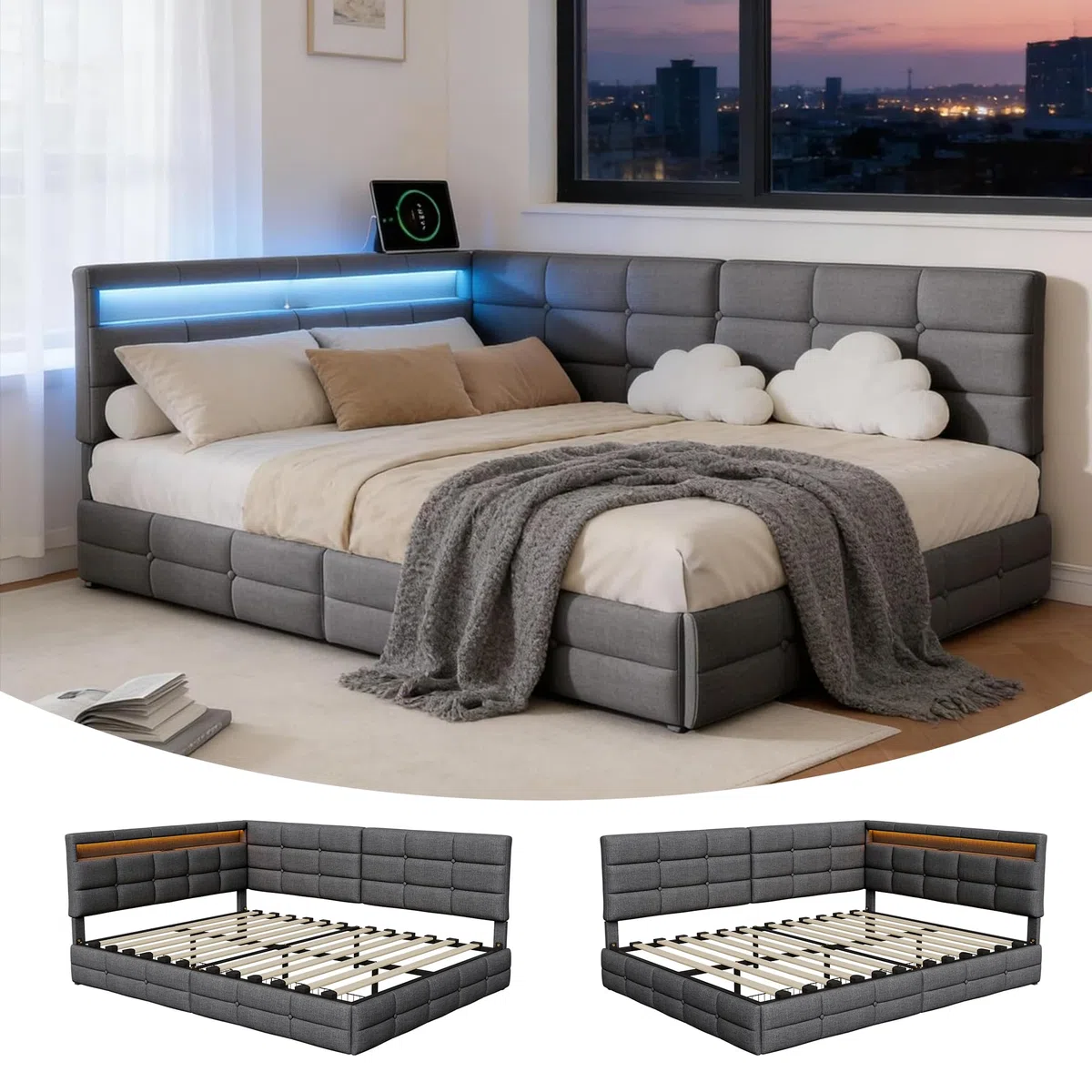 BRILVERDE Letto Contenitore 140x190 con Cassetti, Letto imbottito con luce LED/USB, Divano letto con Testiera contenitore, con Rete a Doghe, Lino(Grigio, 140 x 190 cm)