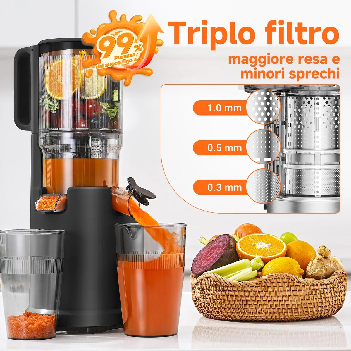 AOBOSI Estrattore frutta e verdura, 135MM XXL Grande Canale di Alimentazione per Frutta e Verdura Intere - Capacità 1,5L, 200 W Slow juicer, Triplo Filtro