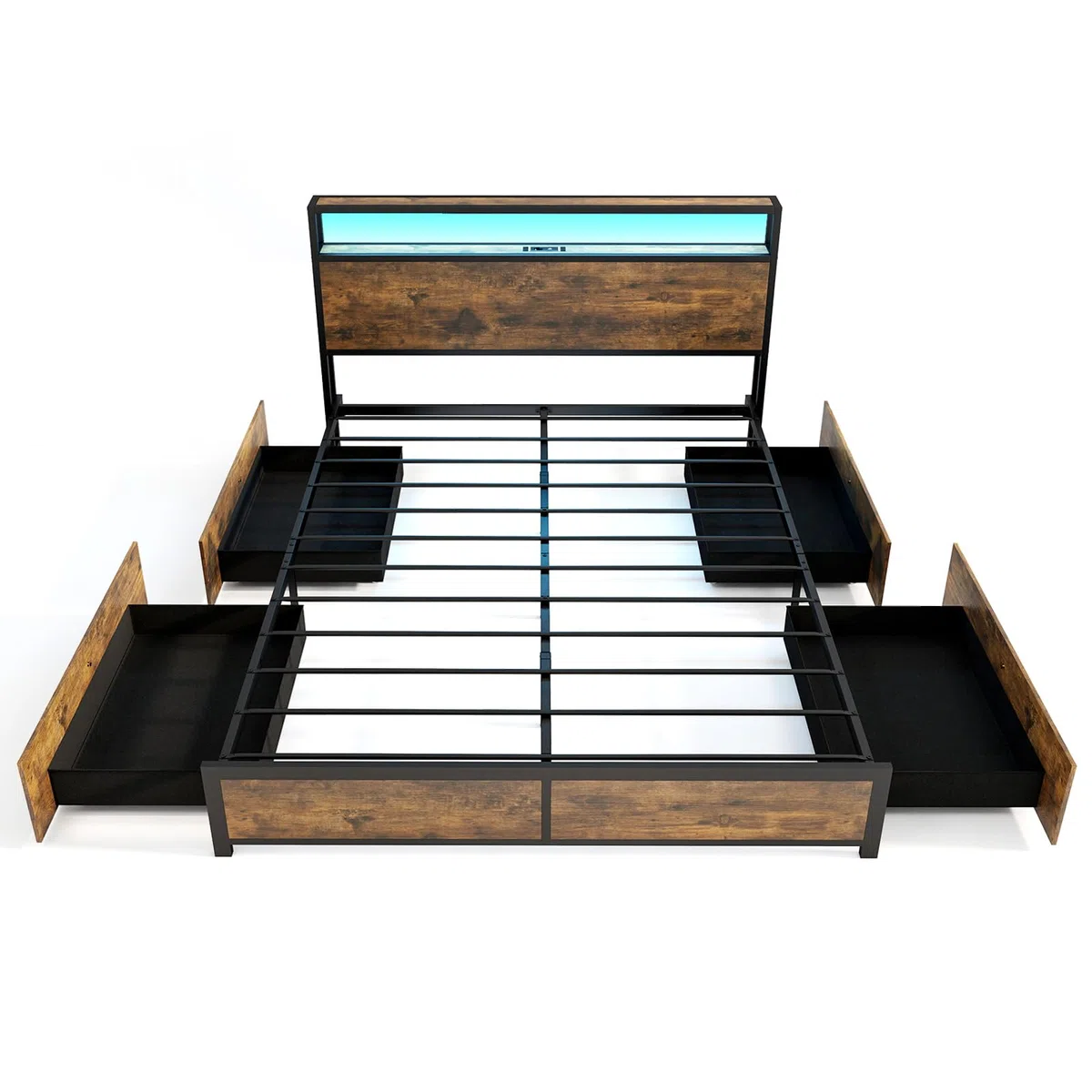 COSTWAY Letto Matrimoniale 160x200 cm, con 4 Cassetti e Testiera, Struttura Letto con Luci LED Regolabile e Presa Multipla, Carico Massimo 300kg, Silenzioso