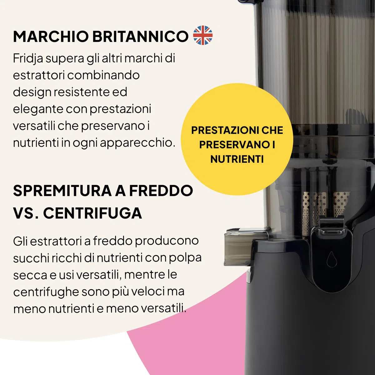 Fridja f2500 Estrattore di Succo ad Alimentazione Automatica | Bocca di Carico 135mm Frutta Intera | Estrattore a Freddo 250W | Alta Resa | Facile da Pulire | Senza BPA | Nero Opaco
