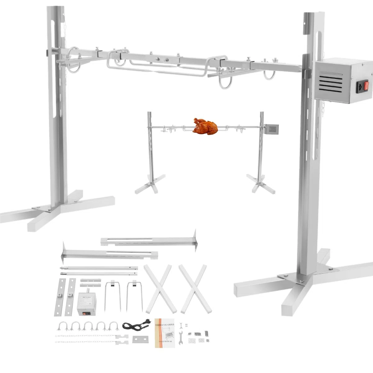 spiedo elettrico da 40 kg | Griglia per maiale allo spiedo in acciaio inox, griglia per agnello, griglia BBQ con spiedo girevole regolabile in altezza su 5 livelli | Griglia per spiedo da