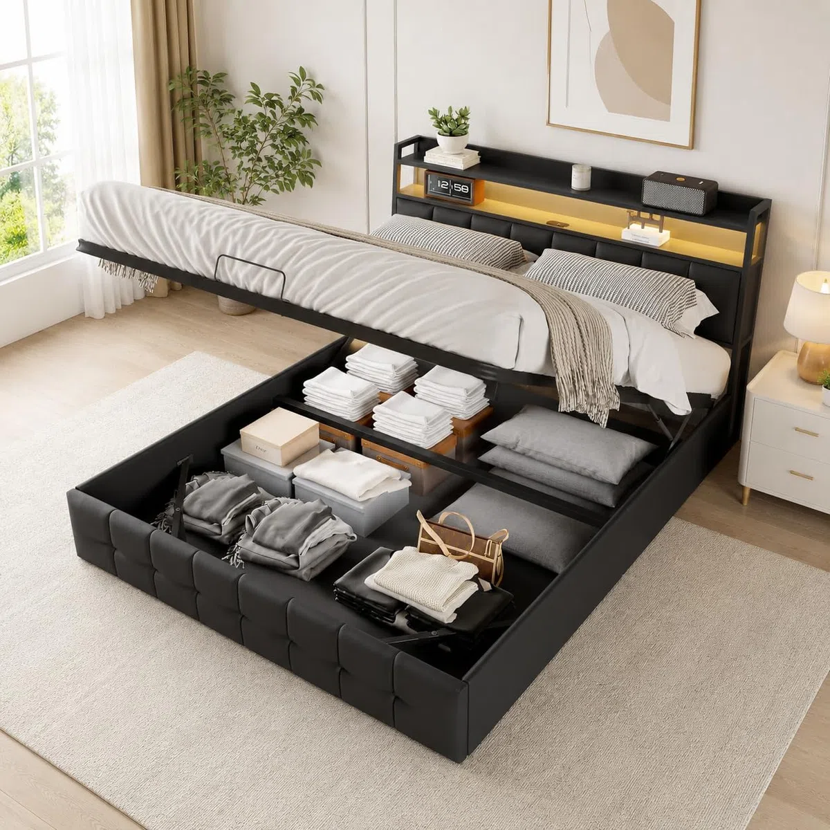 KeepGoon letto matrimoniale con contenitore 160 x 200 cm, letto imbottito con rete a doghe, testiera a LED con funzione USB, letto funzionale, in pelle nera, barra di pressione dell'aria