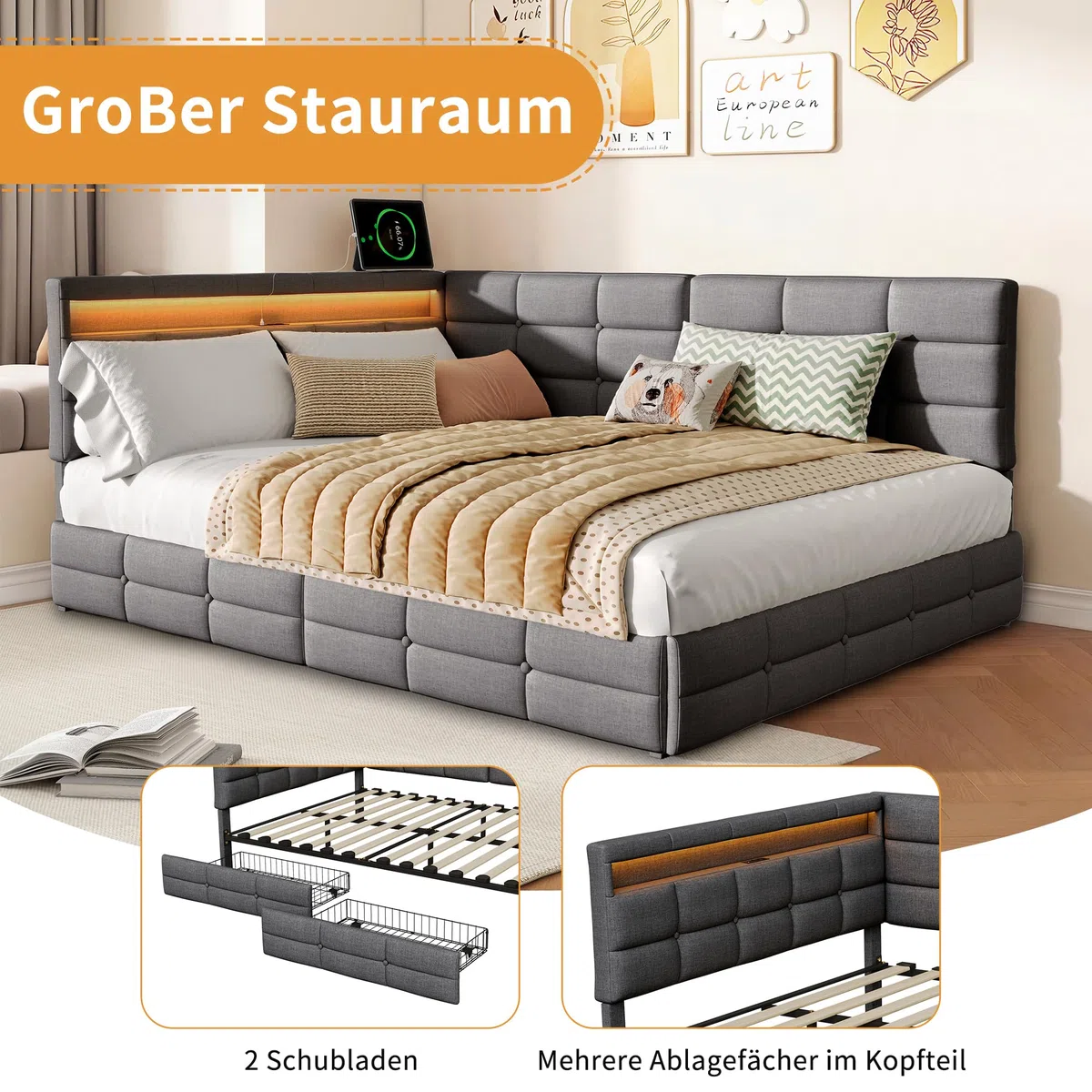 BRILVERDE Letto Contenitore 140x190 con Cassetti, Letto imbottito con luce LED/USB, Divano letto con Testiera contenitore, con Rete a Doghe, Lino(Grigio, 140 x 190 cm)