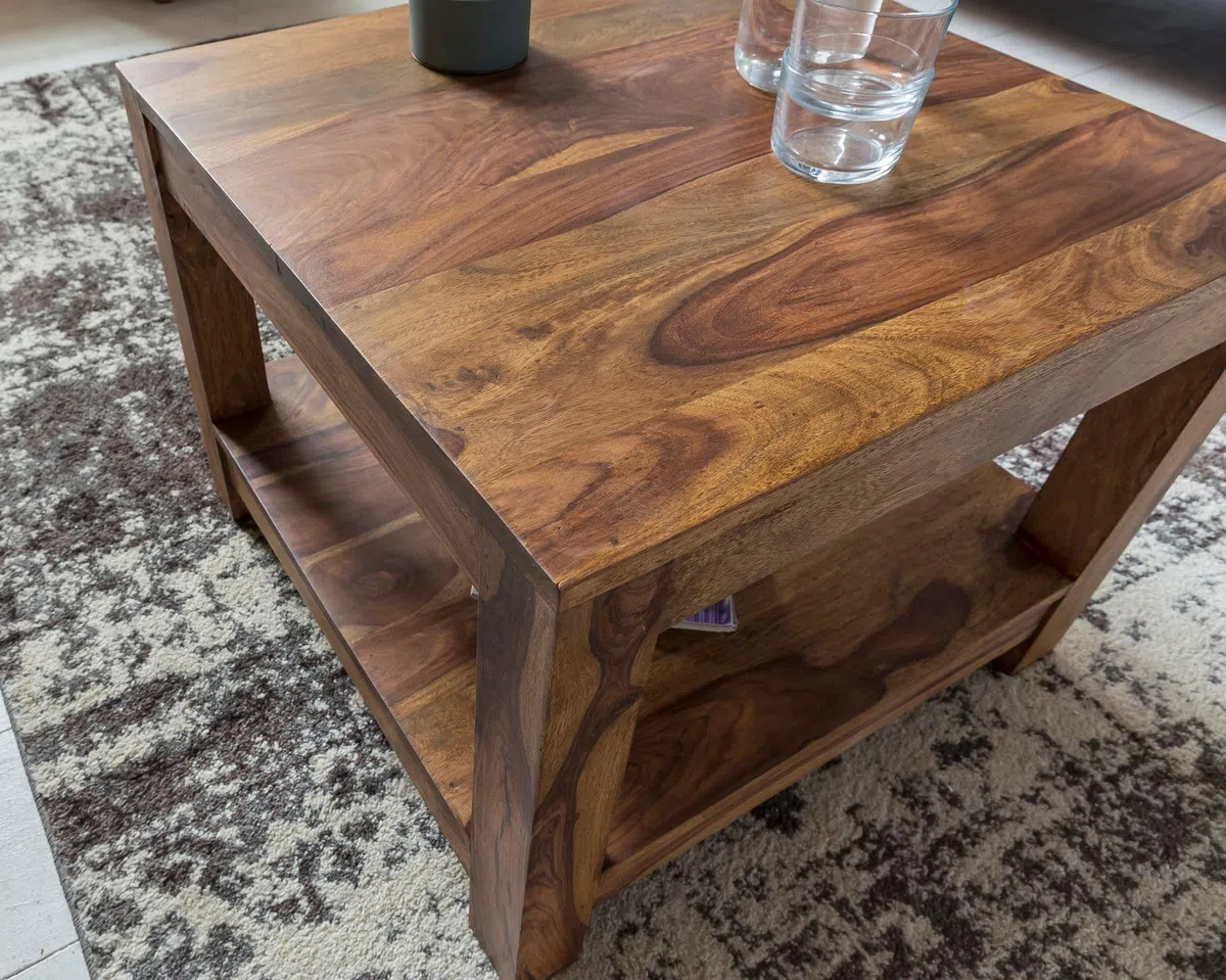 FineBuy Tavolino da caffè Legno Massello Sheesham 60x45x60 cm Disegno Tavolo | Tavolo da salotto con vano portaoggetti Piazza | Divano tavolo