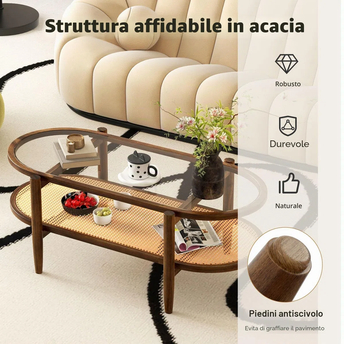 LIFEZEAL Tavolino Salotto, in Legno Massello e Vetro, Tavolino da Caffè, da Soggiorno, Moderno, Basso, Ovale, a 2 Ripiani, con Decorazione in Rattan, Max 90 kg, 102x46x47 cm, Marrone Rustico
