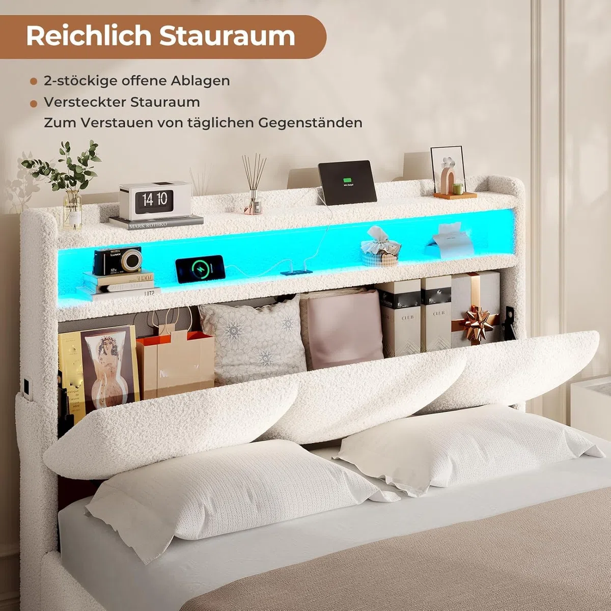 AGOLLATI Letto Contenitore Matrimoniale, Letto 140 x 200 cm con Illuminazione a LED e Stazione di Ricarica, Letto Matrimoniale con Sollevamento Idraulico e Testiera Imbottita, Beige (Teddy Fleece)