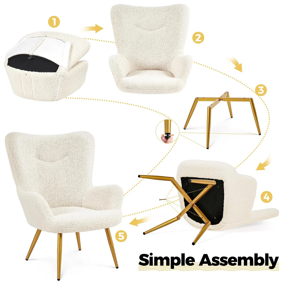 Yaheetech Set Poltrona da Salotto con Pouf Poggiapiedi in Tessuto Bouclé e Metallo Imbottita con Schienale Braccioli per Lettura/Camera da Letto/caffè/Studio Avorio