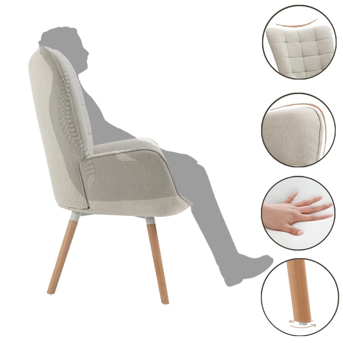 MEUBLE COSY Poltrona Imbottita Scandinavia Sedia da Salotto con Braccioli Poltroncina Relax in Tessuto con Schienale Alto Gambe in Legno per Camera da Letto Soggiorno, Beige, 66x64x106cm