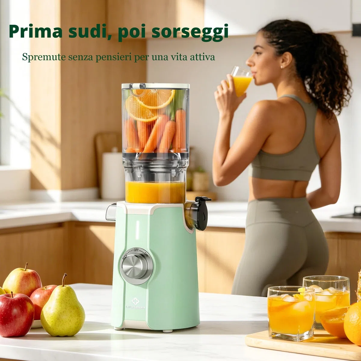 LINKChef Estrattore di succo per frutta e verdura, apertura 115 mm, 1,2 L, 200 W, slow juicer machine per frutta e verdura intere, senza BPA, facile da smontare e pulire, ricette incluse,verde chiaro