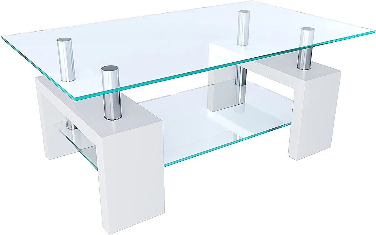 Tavolino Basso Rettangolare Salotto In Vetro Temperato E Legno MDF Per Soggiorno Salone Sala Da Pranzo Tavolo Da Caffè Con Ripiano Moderno Ed Elegante Indianapolis 100 x 60 x 45 cm (Bianco)