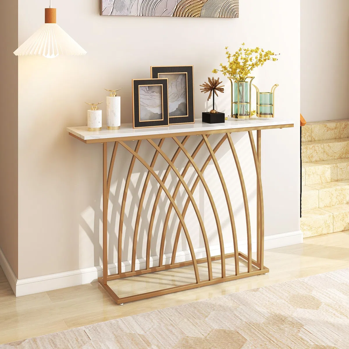 LIFEZEAL Tavolo Console Moderno, Effetto Marmo, Tavolo d’Ingresso, Telaio in Metallo, Piedini Regolabili, Salvaspazio, Corridoio, Soggiorno, Entrata, Max 20kg, 120x30x80cm, Oro
