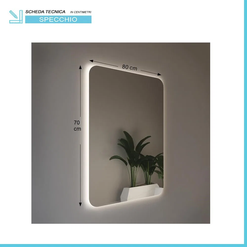 Inbagno Specchio LED 70x80 illuminazione perimetrale e angoli raggiati, a filo lucido con installazione reversibile