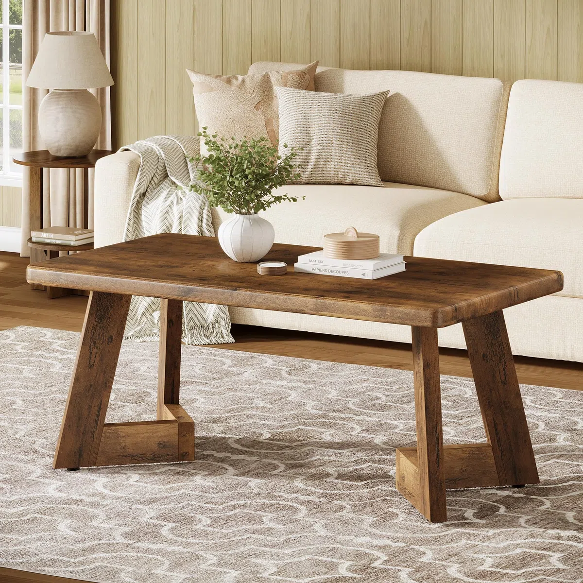 Tribesigns Tavolino da Salotto, Tavolino da Caffè in Stile Country con Gambe a V, 120 x 60 cm Tavolo da Divano Rettangolare per Soggiorno, Facile da Montare, Marrone Rustico