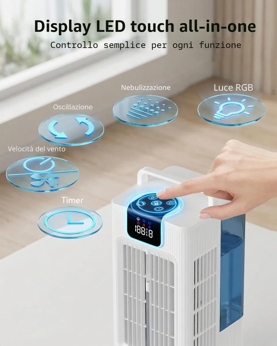 Mini condizionatore portatile: ventilatore raffreddamento ad acqua, serbatoio 2000ml, oscillazione 120°, 4 velocità, LED, timer + telecomando, senza tubo di scarico per casa/ufficio