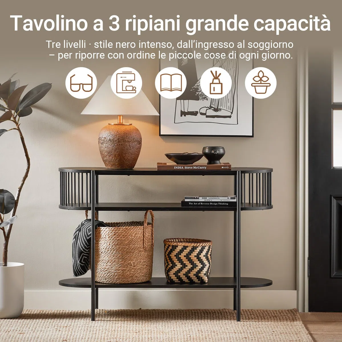 SoBuy Consolle Ingresso con 3 Ripiani, Tavolo Legno Nero Moderno per Ingresso, Corridoio o Soggiorno, Ampio Spazio per Famiglie, L110 x P39 x H76 cm, FSB90-SCH