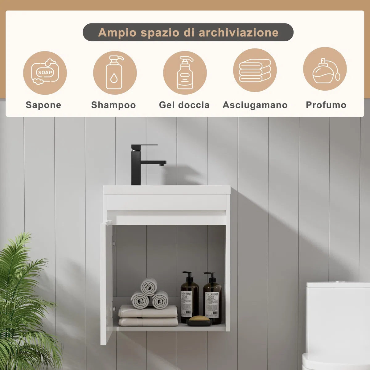 UEV Mobile da Bagno Sospeso 50 cm con Lavabo in Resina, 3-in-1 Set Arredo Bagno con Rubinetto Efficiente, Scarico POP-UP, Mobiletto con Ampio Spazio di Archiviazione