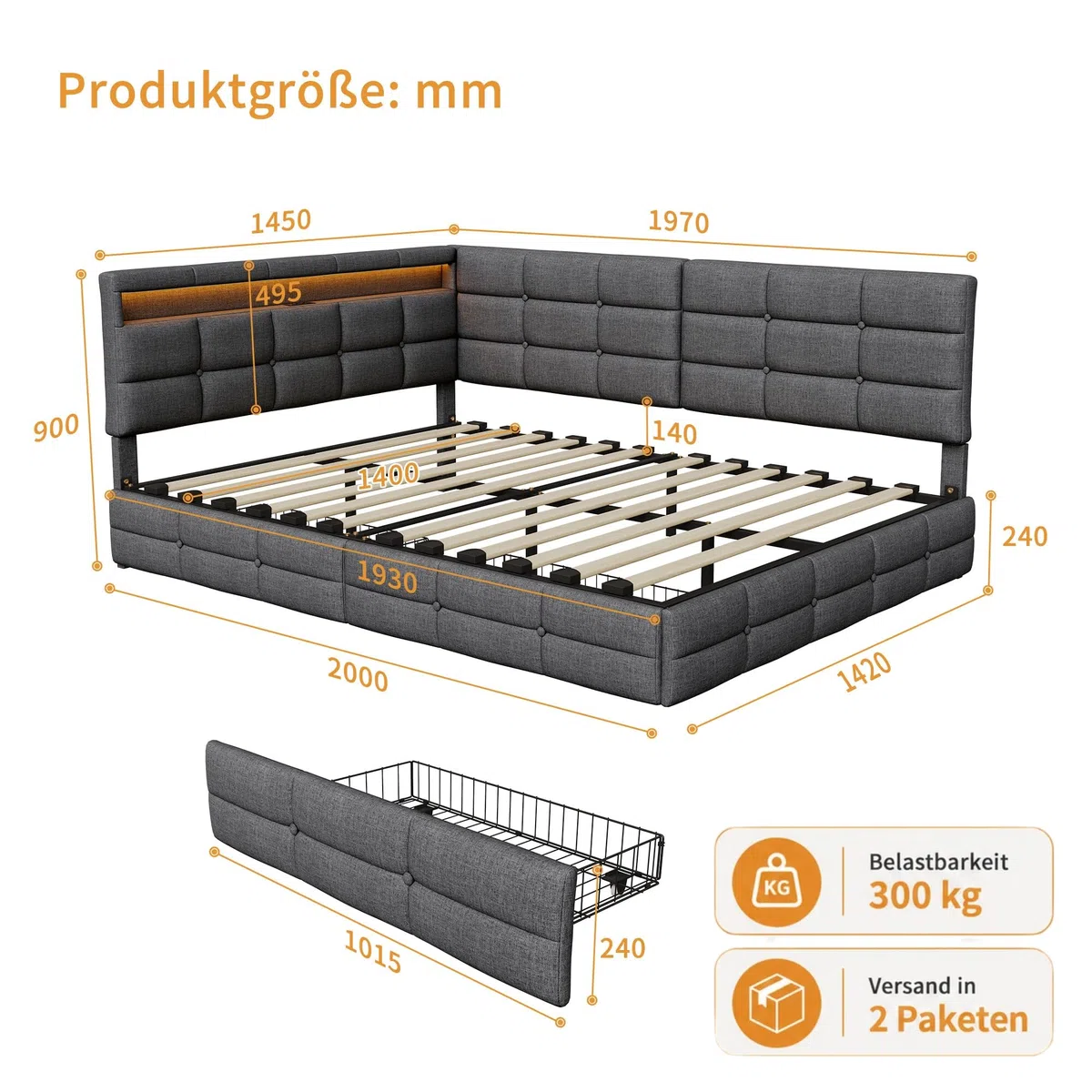 BRILVERDE Letto Contenitore 140x190 con Cassetti, Letto imbottito con luce LED/USB, Divano letto con Testiera contenitore, con Rete a Doghe, Lino(Grigio, 140 x 190 cm)